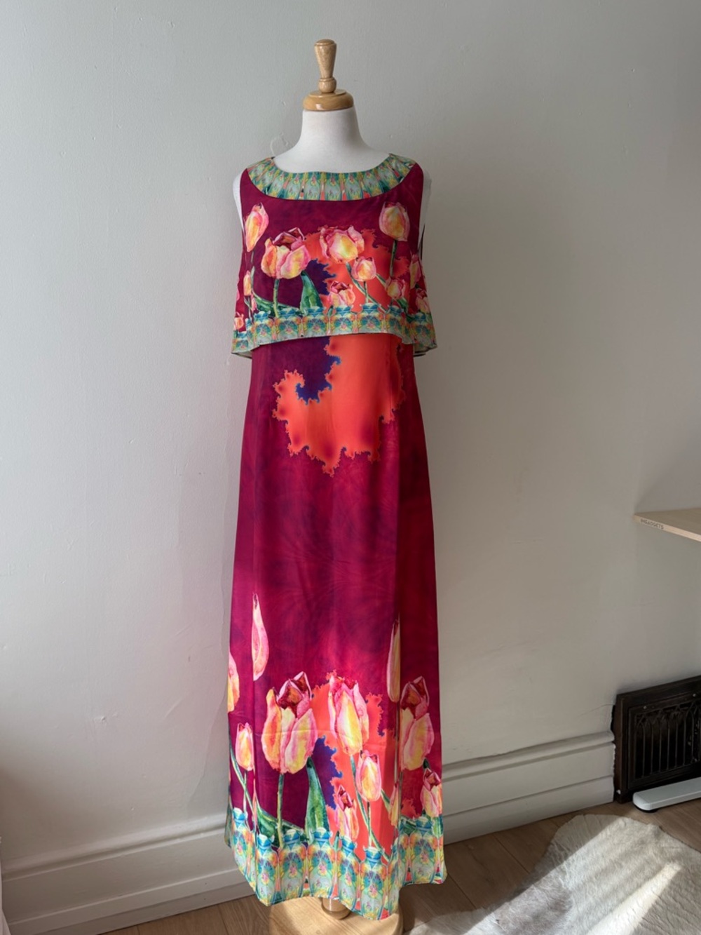 Mackenzie Mode Designer Watercolor Tulip Maxi Dress Cape Overlay Pink Floral